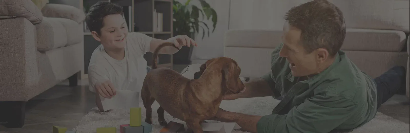 father and son playing with dog